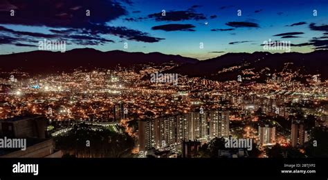 An Aerial Night View Of The Medellin City Just After Sunset All The