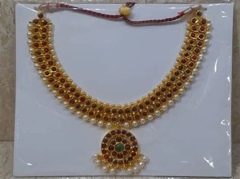 Gold Plated Golden Kemp Stone And White Pearls Necklace At Rs 240piece