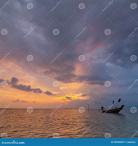 Sunset At Tropical Beach With Thai Fishing Boat Stock Photo Image Of