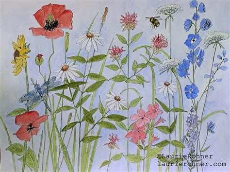 Daisies Delphinium Dragonfly Watercolor Botanical Garden Illustration