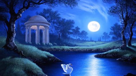 Swan Lake Night Full Moon Trees Grass Hd Wallpaper