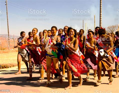 women in traditional costumes marching at umhlanga aka reed dance 01092013 lobamba swaziland