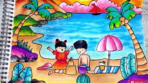 Cara Menggambar Dan Mewarnai Pemandangan Pantai Dengan Gradasi Warna