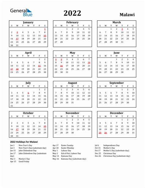2022 Malawi Calendar With Holidays