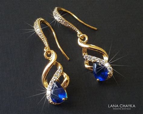 Navy Blue Gold Earrings Sapphire Gold Dangle Earrings Blue Gold