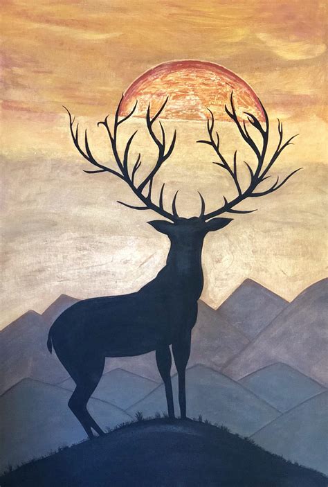Deer Over The Sunset Acrylic On Canvas 24x36 Rart