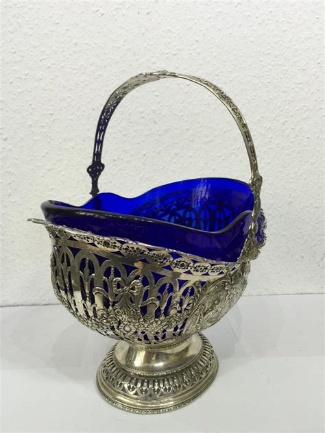 Antique Silver And Cobalt Blue Glass Fruit Basket For Sale