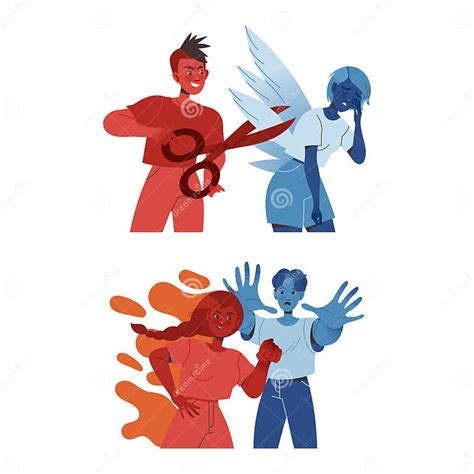 Man And Woman Aggressor Shouting And Cutting Wings Of Victim Vector Set Stock Vector