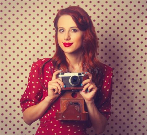 Portrait Of Redhead Girl With Retro Camera Stock Image Image Of Smile
