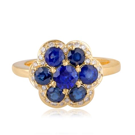 Solid 14k Gold Blue Sapphire Flower Ring Natural Diamond Si Etsy