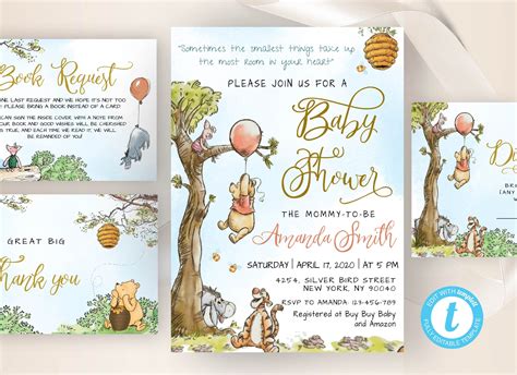 Classic Winnie The Pooh Baby Shower Invitation Editable Etsy