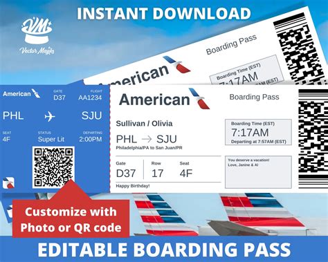 an airplane boarding pass with the american flag on it and text that
