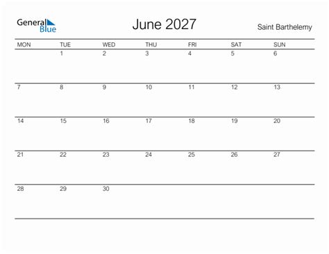 June 2027 Saint Barthelemy Monthly Calendar With Holidays