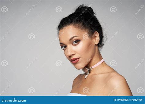 Beauty Portrait Of Beautiful Mixed Race Woman Wearing Chocker Stock