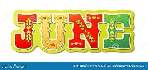 June Illustrated Name Of Calendar Month Illustration Stock Vector