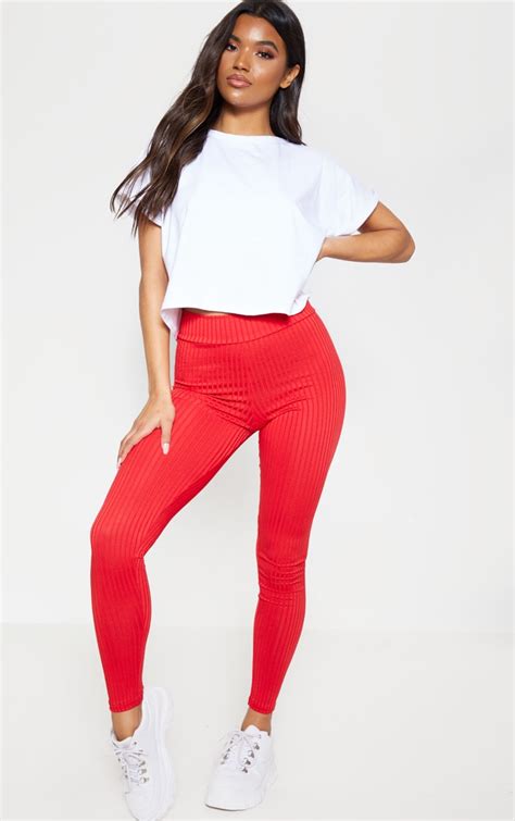 red ribbed high waisted leggings prettylittlething il
