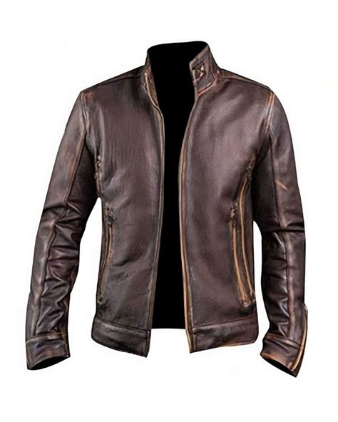 Mens Racer Brown Distressed Leather Motorcycle Jacket