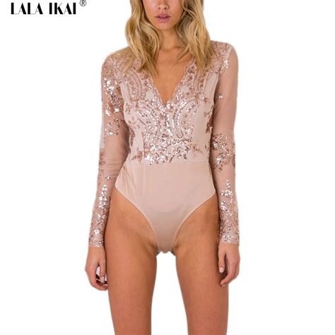 buy womens jumpsuits and rompers sexy see through long sleeve gold sequin