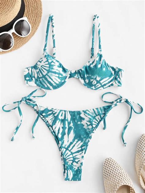 [53 Off] 2020 Zaful Ribbed Tie Dye String Bikini Swimwear In Blue Zaful