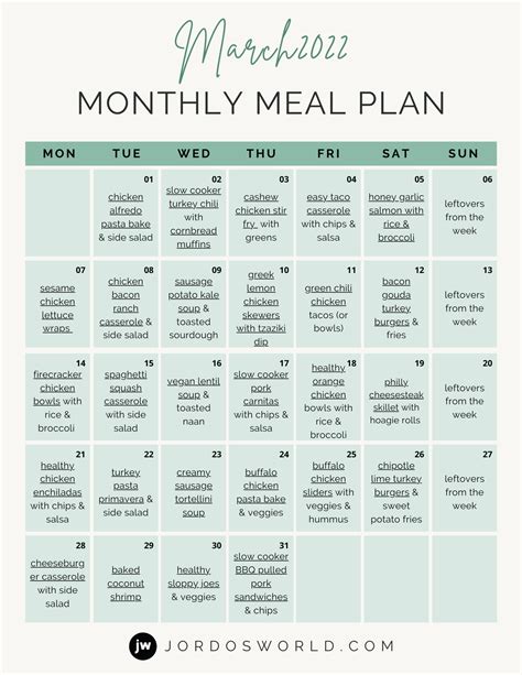 Monthly Meal Plan Calendar Printable Wasincome