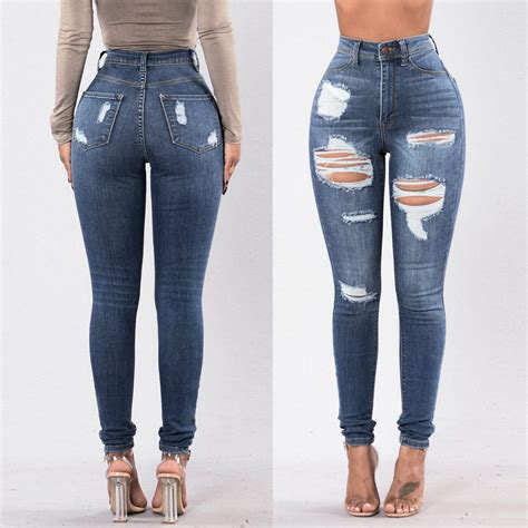 Lady High Waisted Skinny Hole Denim Jeans Stretch Womens Webstore