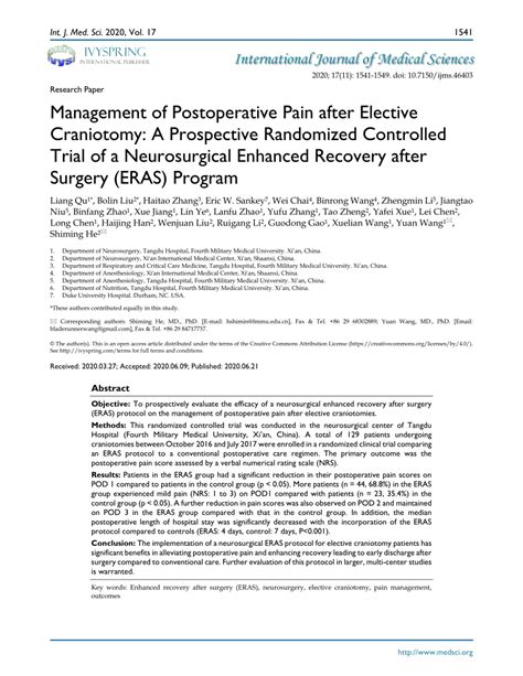 Pdf Management Of Postoperative Pain After Elective Craniotomy A