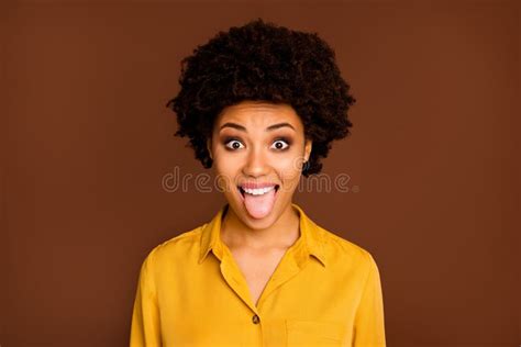 Closeup Photo Of Funny Beautiful Dark Skin Wavy Lady Positive Good Mood Sticking Tongue Out Of