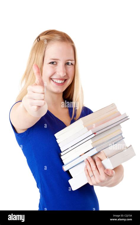 Beautiful Happy Female Student With Books Shows Thumb Up Isolated On