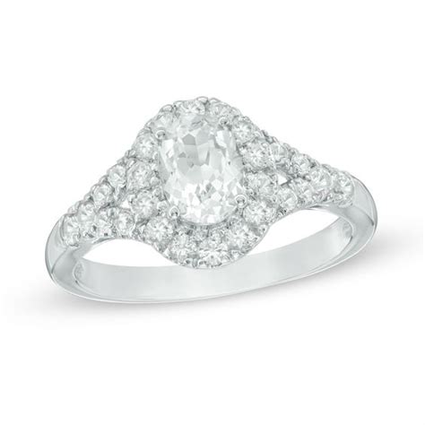 Lab Created Oval White Sapphire Frame Split Shank Engagement Ring In