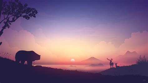 Bear Deer Mountains Sunrise Minimalism Artwork 4k