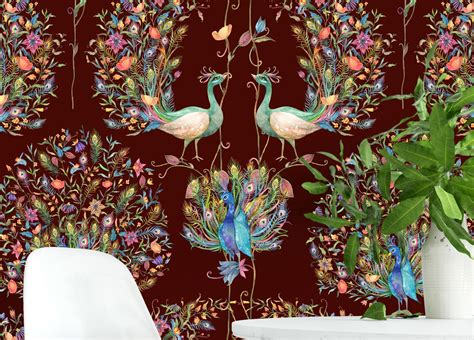 Peacock Wallpaper With Floral Design Peacock Wall Mural Etsy