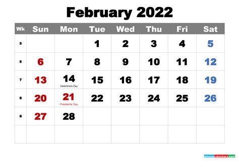 Free Printable February 2022 Calendar With Holidays As Word Pdf