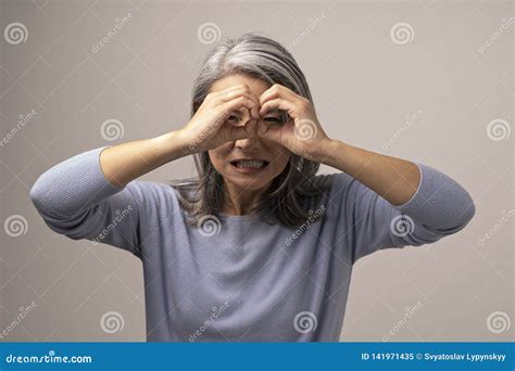 Asian Mature Woman Does Ok Gesture Like Binoculars Stock Image Image
