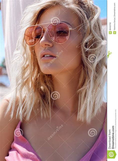 beautiful girl with blond hair in swimsuit posing at summer beachn stock image image of