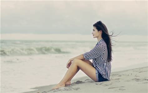 Brunette Girl Sitting Beach Sand Wind Wallpapers
