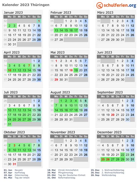 Kalender 2023 Ferien Thüringen Feiertage