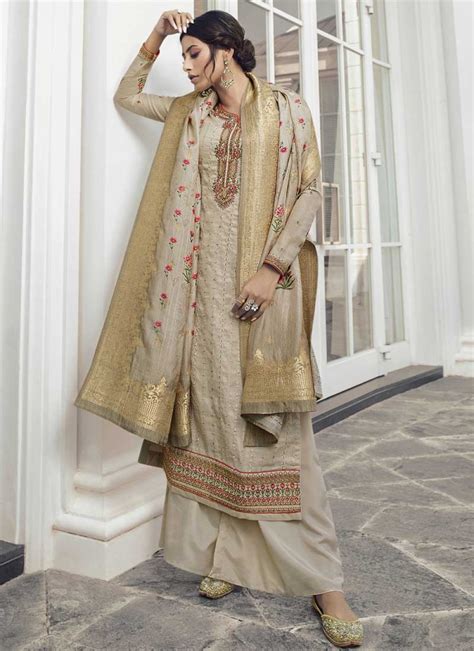 Buy Satin Silk Palazzo Style Pakistani Salwar Kameez Online