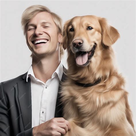 Uśmiechnięty Blondyn I Szczęśliwy Pies Golden Retriever Izolowany Na Białym Tle Zdjęcie Premium