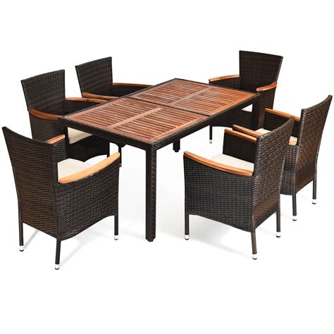Gymax 7pcs Patio Rattan Dining Set 6 Stackable Cushioned Chairs Patio