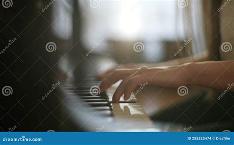 Close Up Tracking Shot Of Unrecognizable Talented Young Woman Pianist