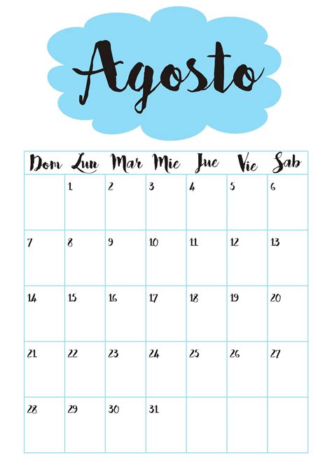 Calendario De Agosto Calendario De Agosto Plantilla D