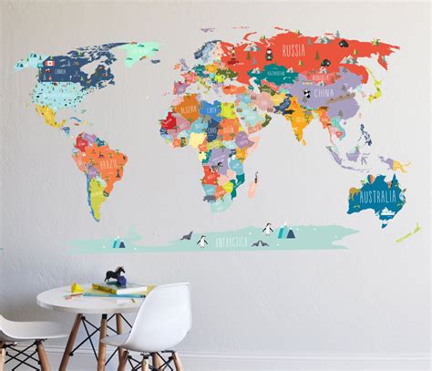 Wall Decal World Map Interactive Map Wall Sticker Room Etsy Map