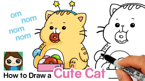 How To Draw A Cute Cat Eating Donuts Youtube