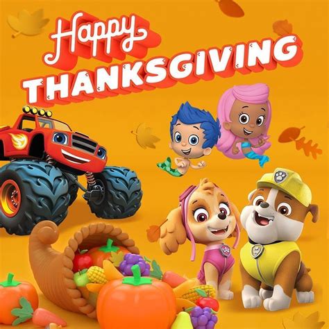 A Thanksgiving Card With Cartoon Characters And Pumpkins On The Ground
