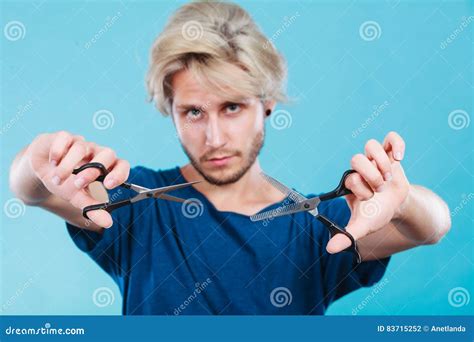 Man With Scissors For Haircutting Stock Photo Image Of Work Trendy