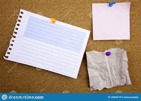 3 Set Colorful Of Sticky Notes Push Pins On Cork Board Stock Photo