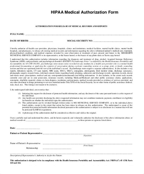 Printable Hipaa Authorization Form Tutoreorg Master Of Documents