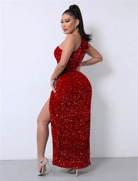 One Shoulder Red Sequins Dress For Women Red Sequins Gown For Dinner Parties Birthday Outfit
