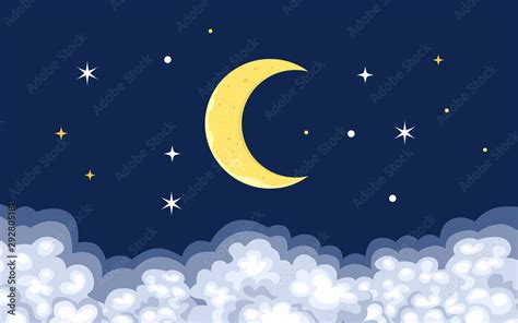 Moon Stars And Clouds In The Night Sky Vector Illustration Of