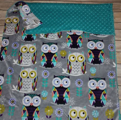 Ready To Ship Minky Blanket Owls Silver And Teal 27x42 Etsy